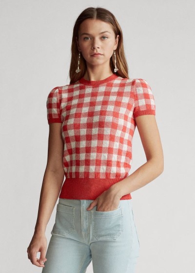 Polo Ralph Lauren Gingham Korte Ærmer Striktrøje Dame Danmark (PDANE0624)